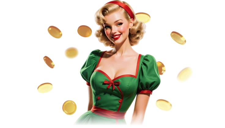 Стильная женщина Pinko Casino в зеленом платье улыбается, вокруг золотые фишки