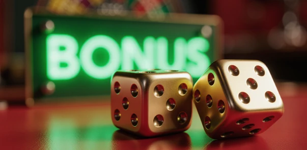 Золотые игральные кубики на столе, надпись BONUS светится Пинко